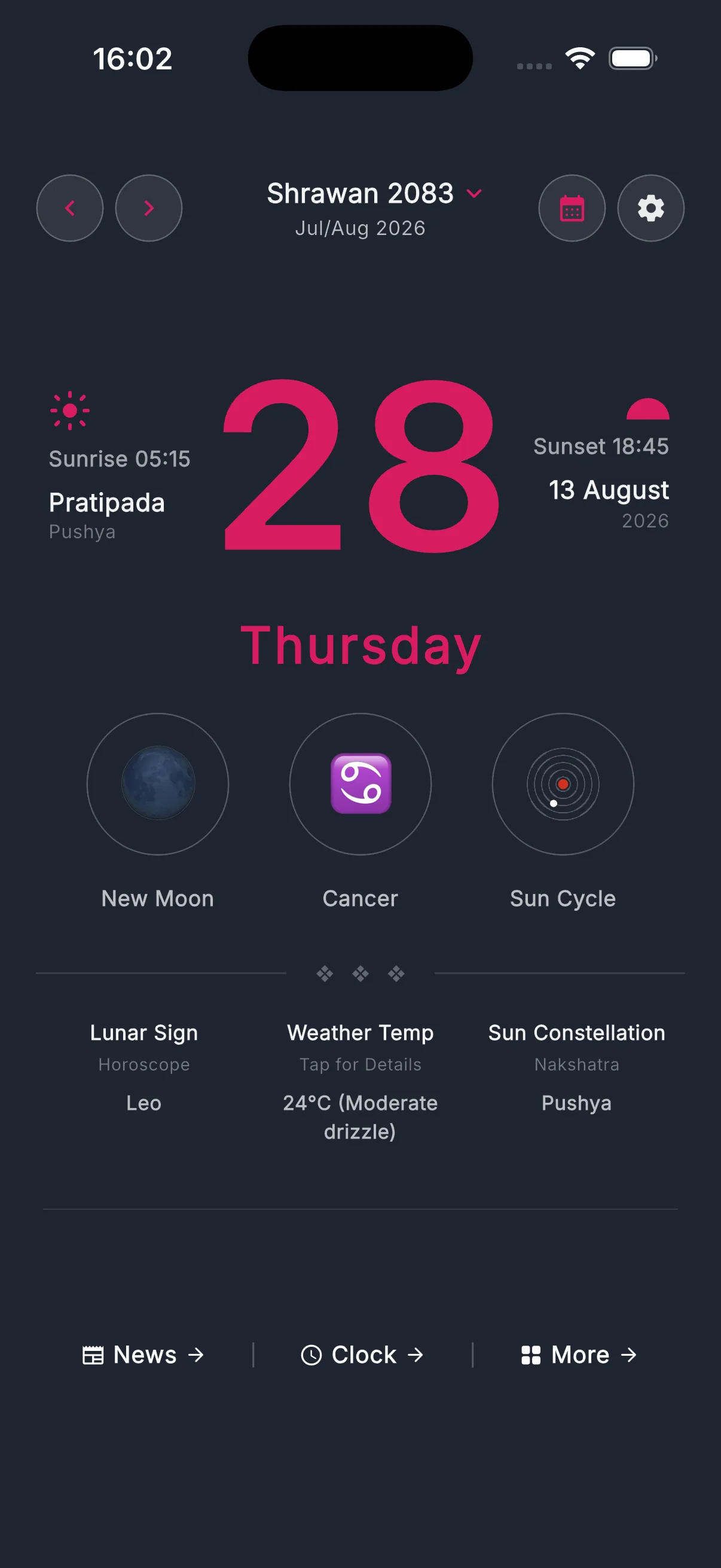 Bhitte Patro Single View Calendar Screen showing Nepali Date Today, Tithi, and World Clock